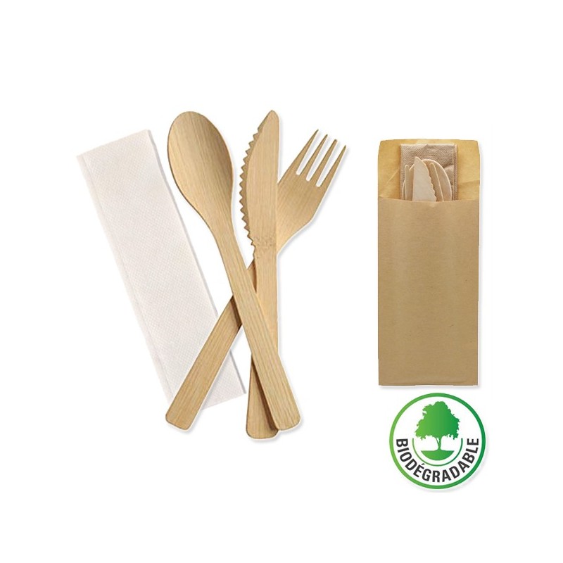 Kit couverts en bois recyclable 4 en 1, Emballage traiteur